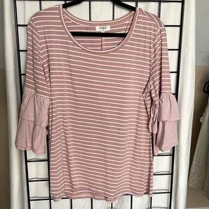 NWT Umgee Pink and White Striped Ruffle Sleeve Top Small